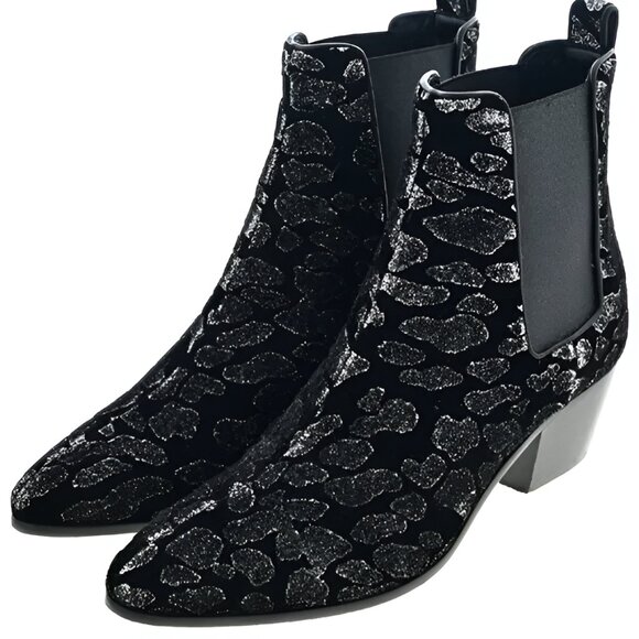 Saint Laurent YSL Black Leather Leopard Holiday Ankle Boots Booties 37.5 7.5 - Picture 8 of 10